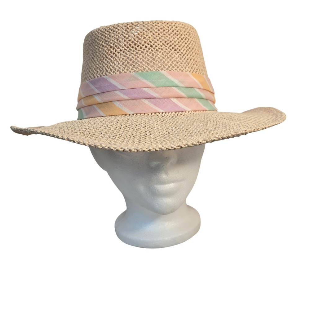 Woven Straw Sun Hat with Pastel Striped Ribbon Band‎ Wide Brim Fedora Style
